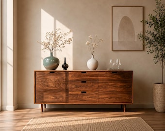Aparador moderno de nogal, mueble buffet de madera de mediados de siglo, consola de almacenamiento de madera maciza para sala de estar, comedor y recibidor.