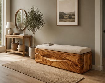 Banco de almacenamiento moderno de madera con cojín, banco de entrada con almacenamiento oculto, banco de dormitorio, almacenamiento al pie de la cama, muebles modernos de mediados de siglo.