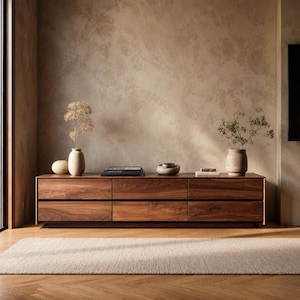 May include: A dark wood media unit with six drawers, a light-coloured rug, and decorative vases. The unit is topped with books and a small bowl. The room has a neutral colour palette with a warm, inviting atmosphere.