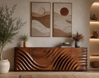 Modern Walnut Sideboard Cabinet Wave Carved Buffet Cabinet Mid Century Credenza for Living Room & Dining Room