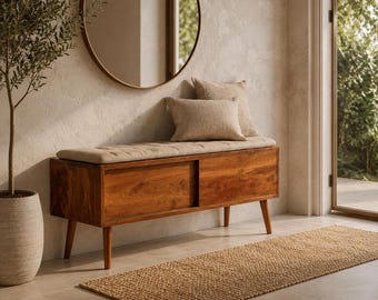 Banco de almacenamiento moderno de madera con cojín, banco de entrada con almacenamiento oculto, banco de nogal de mediados de siglo, banco para el pie de la cama del dormitorio.