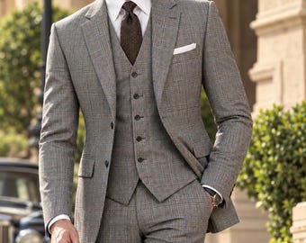 Traje de tres piezas a cuadros Glen grises / Estilo británico vintage, estampado Príncipe de Gales, sastrería a medida.
