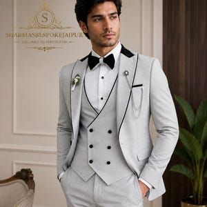 Light Grey Tuxedo Suit for Men| 3 Piece Custom Tailored Groom Wedding Attire | Formal Wear