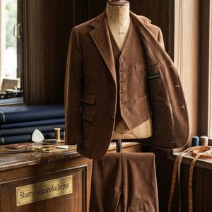 Pu&ograve; includere: Un abito a tre pezzi marrone su un manichino, composto da giacca, gilet a cinque bottoni e pantaloni. La giacca &egrave; aperta e mostra un'etichetta interna scura con la scritta SharmasBespokeJaipur. Il tessuto presenta una finitura opaca e testurizzata.