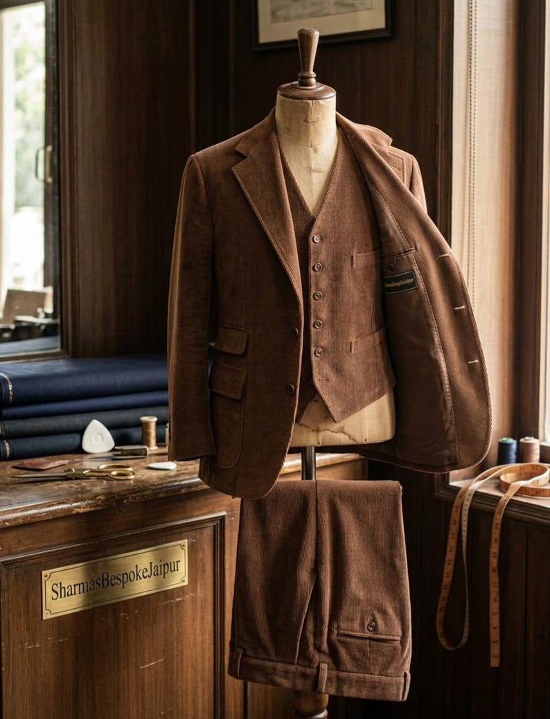Pu&ograve; includere: Un abito a tre pezzi marrone su un manichino, composto da giacca, gilet a cinque bottoni e pantaloni. La giacca &egrave; aperta e mostra un'etichetta interna scura con la scritta SharmasBespokeJaipur. Il tessuto presenta una finitura opaca e testurizzata.