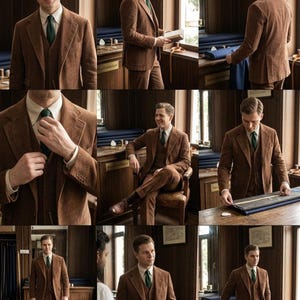 Pu&ograve; includere: Un abito a tre pezzi in velluto a coste marrone composto da giacca, gilet e pantaloni, abbinato a una camicia bianca con colletto e una cravatta verde scuro. L'abito presenta revers classici, polsini con bottoni e una finitura testurizzata.