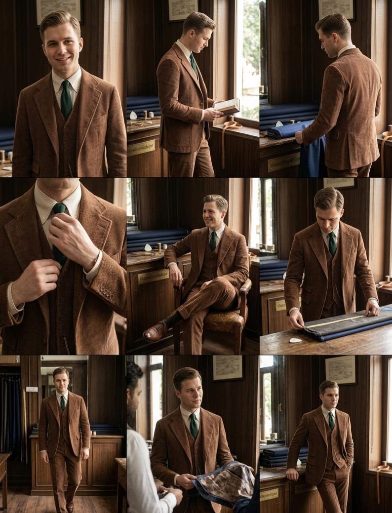 Pu&ograve; includere: Un abito a tre pezzi in velluto a coste marrone composto da giacca, gilet e pantaloni, abbinato a una camicia bianca con colletto e una cravatta verde scuro. L'abito presenta revers classici, polsini con bottoni e una finitura testurizzata.