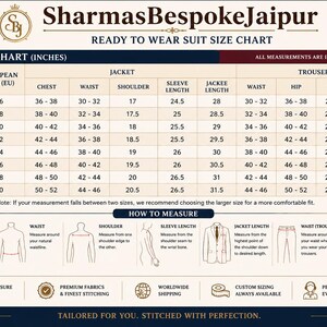 Pu&ograve; includere: Una tabella delle taglie per abiti color beige e blu scuro di SharmasBespokeJaipur con misure in pollici per giacche e pantaloni, inclusi diagrammi illustrati su come misurare torace, vita, spalle e lunghezza del cavallo.
