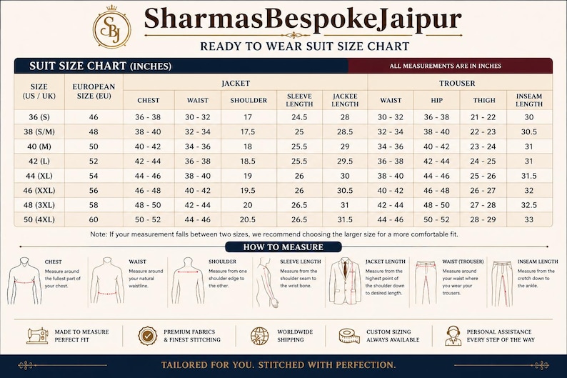 Pu&ograve; includere: Una tabella delle taglie per abiti color beige e blu scuro di SharmasBespokeJaipur con misure in pollici per giacche e pantaloni, inclusi diagrammi illustrati su come misurare torace, vita, spalle e lunghezza del cavallo.