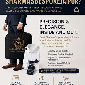 Pu&ograve; includere: Una grafica promozionale per SharmasBespokeJaipur che mostra una custodia nera con logo dorato, una camicia bianca con papillon blu scuro e testo che descrive le caratteristiche degli abiti su misura e la loro lavorazione artigianale.