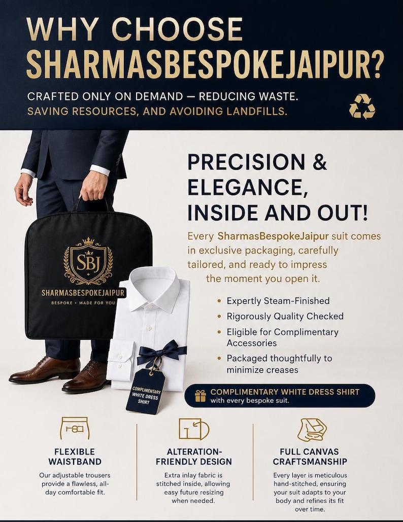 Pu&ograve; includere: Una grafica promozionale per SharmasBespokeJaipur che mostra una custodia nera con logo dorato, una camicia bianca con papillon blu scuro e testo che descrive le caratteristiche degli abiti su misura e la loro lavorazione artigianale.