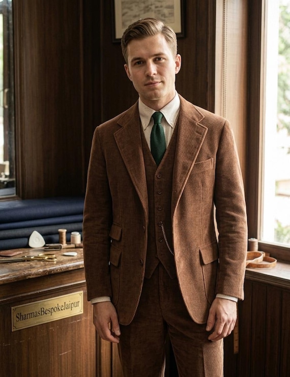 Bespoke Brown Corduroy Three-Piece Suit, Vintage Style Formal Menswear
