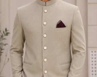 Traje Bandhgala beige para hombre / Conjunto de chaqueta Nehru a medida, ropa de novio / atuendo de boda