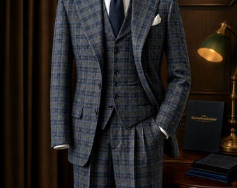 Abito da sposo a tre pezzi su misura a quadri grigio-blu / Rever a punta su misura, pantaloni a pieghe, abito da cerimonia realizzato a mano