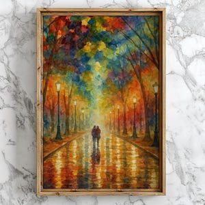 Watercolor Rainy Night Couple – Colorful Impressionist Wall Art Print, Romantic Tree‑Lined Path Painting for Modern Home Decor
