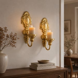 May include: Two gold-coloured wall sconces with ornate, carved detailing and oval backplates. Each sconce features a curved arm supporting a cylindrical candle holder with a lit, cream-coloured pillar candle, creating a warm, glowing light.