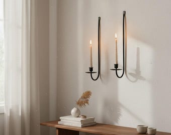 Hand Forged Iron Wall Sconce Set of 2, Minimalist Metal Candle Holders, Gothic Wrought Iron Wall Decor, Housewarming Gift