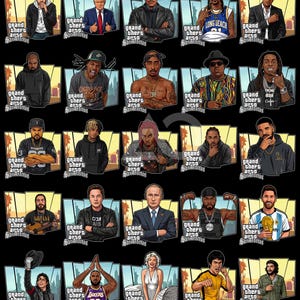 Puede incluir: Una colección de imágenes de estilo caricatura que representan a varias celebridades y figuras públicas. Cada imagen está ambientada en un fondo de escena urbana e incluye el texto "Grand Theft Auto: San Andreas".