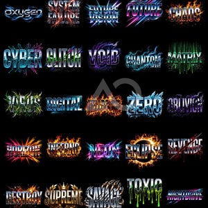 May include: A collection of stylized text designs with various themes, including "Oxygen," "Cyber Glitch," "Inferno," and "Toxic." Each word is rendered with unique visual effects, such as neon glows, fire, and ice, against a black background.