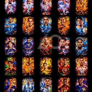 Op de afbeelding: Een verzameling levendige, digitaal gerenderde portretten van voetballers, elk tegen een dynamische, vurige achtergrond. De spelers worden afgebeeld in hun teamuniformen, met het Amerikaanse team prominent aanwezig.