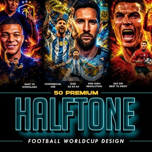 May include: A digital art print featuring portraits of soccer players, including Messi and Ronaldo, with a vibrant, colorful, and dynamic design. The image includes the text "50 PREMIUM HALFTONE FOOTBALL WORLDCUP DESIGN."