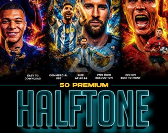 Paquete de 50 diseños PNG de jugadores de fútbol del mundo en semitonos (tamaños A2, A3 y A4) / Gráficos para camisetas de fútbol para DTF/DTG / Paquete de ropa urbana