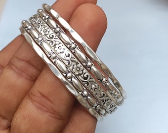 Sterling Silver Boho Floral Engraved Wide Bangle Bracelet, Layered Adjustable Cuff