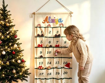Gepersonaliseerde kerstkalender met naam, stoffen aftelkalender met 24 vakjes voor kinderen, gepersonaliseerde kerstdecoratie