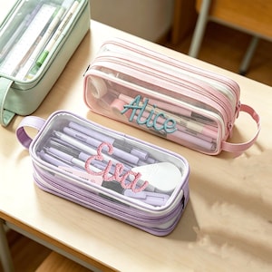 Pochette transparente personnalisée avec nom personnalisé, sac de rangement polyvalent, organiseur de papeterie transparent, trousse à maquillage, trousse de fournitures scolaires