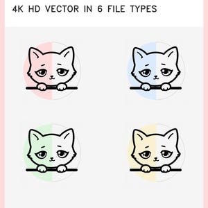 Pode incluir: Quatro ícones circulares com uma ilustração de gato de contorno preto com olhos grandes e patas sobre uma linha horizontal. Os círculos de fundo são bicolores: rosa, azul, verde e amarelo. Texto: 4K HD VECTOR IN 6 FILE TYPES.