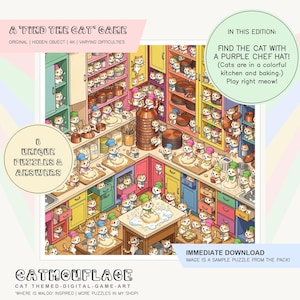 May include: A digital find the cat game titled CATMOUFLAGE featuring a colorful kitchen scene filled with numerous small cats baking. The image includes text prompts to find a cat with a purple chef hat and notes 6 unique puzzles and answers.
