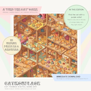 May include: A digital illustration of a "Find the Cat" game featuring numerous orange tabby cats on wooden shelves. The game challenges players to find a cat with a purple collar. The image includes text that says "12 Unique Puzzles & Answers."