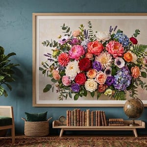 Oversized Colorful Peony Bouquet Print | Maximalist Floral Wall Art, Vintage Garden Flowers, Large Horizontal