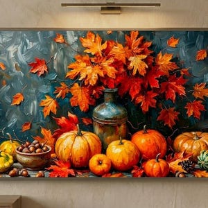 Cuadro decorativo para TV con calabazas y hojas de arce de otoño / Bodegón de cosecha de otoño para Samsung TV /
