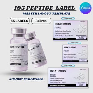 May include: A digital master layout template for 195 peptide labels, featuring 65 labels in 3 sizes: 50x30 mm, 40x30 mm, and 40x20 mm. The design includes two glass vials labeled Retatrutide 10 mg, sterile lyophilized powder, and Niimbot compatible.