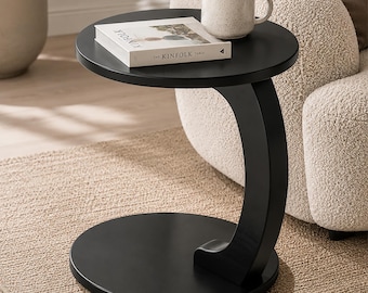 C-Shaped Side Table with Wheels, Modern Black Accent, Space-Saving Mobile Table