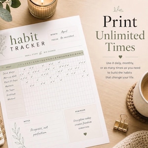May include: A white paper habit tracker with a grid for 31 days, featuring sections for habits, notes, and reminders. The text reads 'habit TRACKER', 'April', 'Be consistent', 'SMALL STEPS BIG CHANGE', 'NOTES', 'Progress, not perfection', and 'REMINDER'.