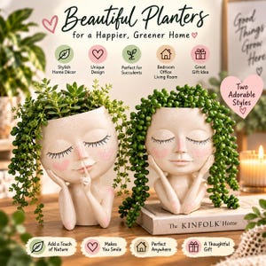 May include: Two off-white face-shaped planters with pink cheeks and closed eyes. One planter features a figure with a finger to its lips, while the other shows a figure resting its face in its hands. Both contain green trailing succulents.
