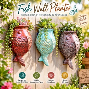 May include: Three fish-shaped wall planters in red, turquoise, and speckled dark brown, each featuring embossed scale textures and filled with green succulents. The text "Fish Wall Planter" is displayed at the top of the image.