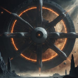 May include: A futuristic space station with a circular design and glowing orange accents. The station has multiple arms extending outward, and a person is standing on a desolate planet surface below. The background features a nebula and planets.
