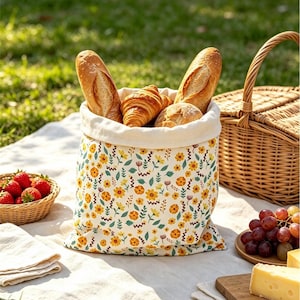 Peut inclure: Un sac à pain en tissu avec une base crème ornée d'un motif répétitif de petites fleurs jaunes, de fleurs orange et de feuilles vertes. Le sac contient deux baguettes, un croissant et une miche de pain ronde à la croûte dorée.