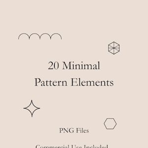 May include: A digital graphic featuring the text 20 Minimal Pattern Elements, PNG Files, and Commercial Use Included in black font on a light beige background. The design includes black line art icons of a wavy line, a hexagon, and a four-pointed star.