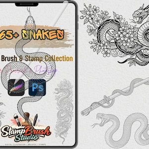 Könnte beinhalten: Digitale Pinsel- und Stempelsammlung mit Schlangenillustrationen. Das Bild zeigt ein Tablet mit einem Schlangendesign, dem Text "265+ SNAKES" und den Worten "Digital Brush & Stamp Collection". Zusätzliche Grafiken zum Thema Schlange sind ebenfalls abgebildet.