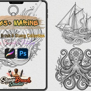 May include: Digital art collection featuring marine-themed illustrations. The image includes a compass, a sailboat, and an octopus with a compass design. The text reads "265+ MARINE Digital Brush & Stamp Collection" and "Stamp Brush Studio".