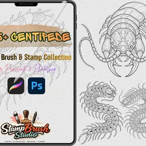 Può includere: Una collezione digitale di 265+ pennelli e timbri a forma di millepiedi per Procreate e Photoshop. Il display mostra un tablet con il testo 265+ CENTIPEDE Digital Brush & Stamp Collection, con illustrazioni a linee di millepiedi.