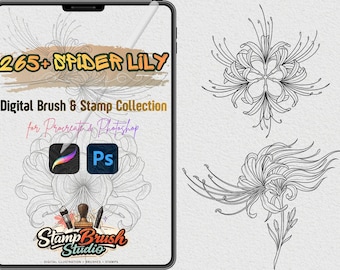 Mais de 265 pincéis de lírio-aranha para Procreate e Photoshop, pincéis de carimbo floral, pincéis de flores botânicas, kit de pincéis de flores digitais, arte para design.