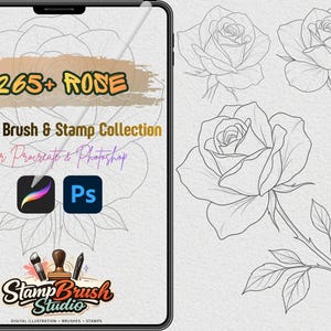 May include: A tablet screen showing a digital art collection of rose illustrations. Text reads "265+ ROSE" and "Digital Brush & Stamp Collection for Procreate & Photoshop." The Stamp Brush Studio logo is also visible.