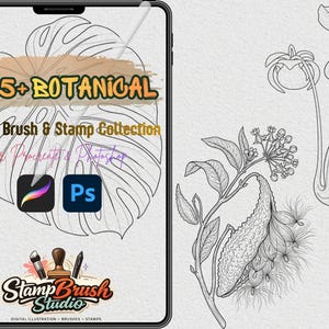 May include: A digital tablet displaying a botanical brush and stamp collection with the text 265+ BOTANICAL Digital Brush & Stamp Collection for Procreate & Photoshop. The screen shows a monstera leaf outline, Procreate and Photoshop icons.
