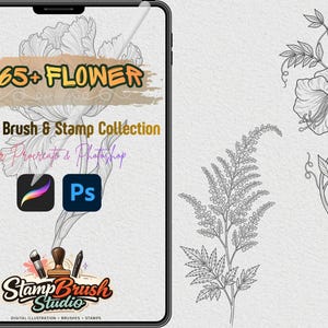 May include: A tablet screen displays an advertisement for a digital art product. The text reads "265+ FLOWER Digital Brush & Stamp Collection for Procreate & Photoshop." The image includes the Procreate and Photoshop logos, and floral line art.