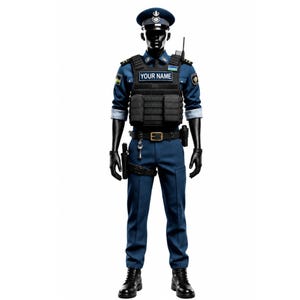 May include: A mannequin dressed in a navy blue police uniform, including a cap, long-sleeved shirt, pants, and black boots. The uniform features a black tactical vest with the text "YOUR NAME" and a radio. Accessories include a belt, gloves, and a holster.